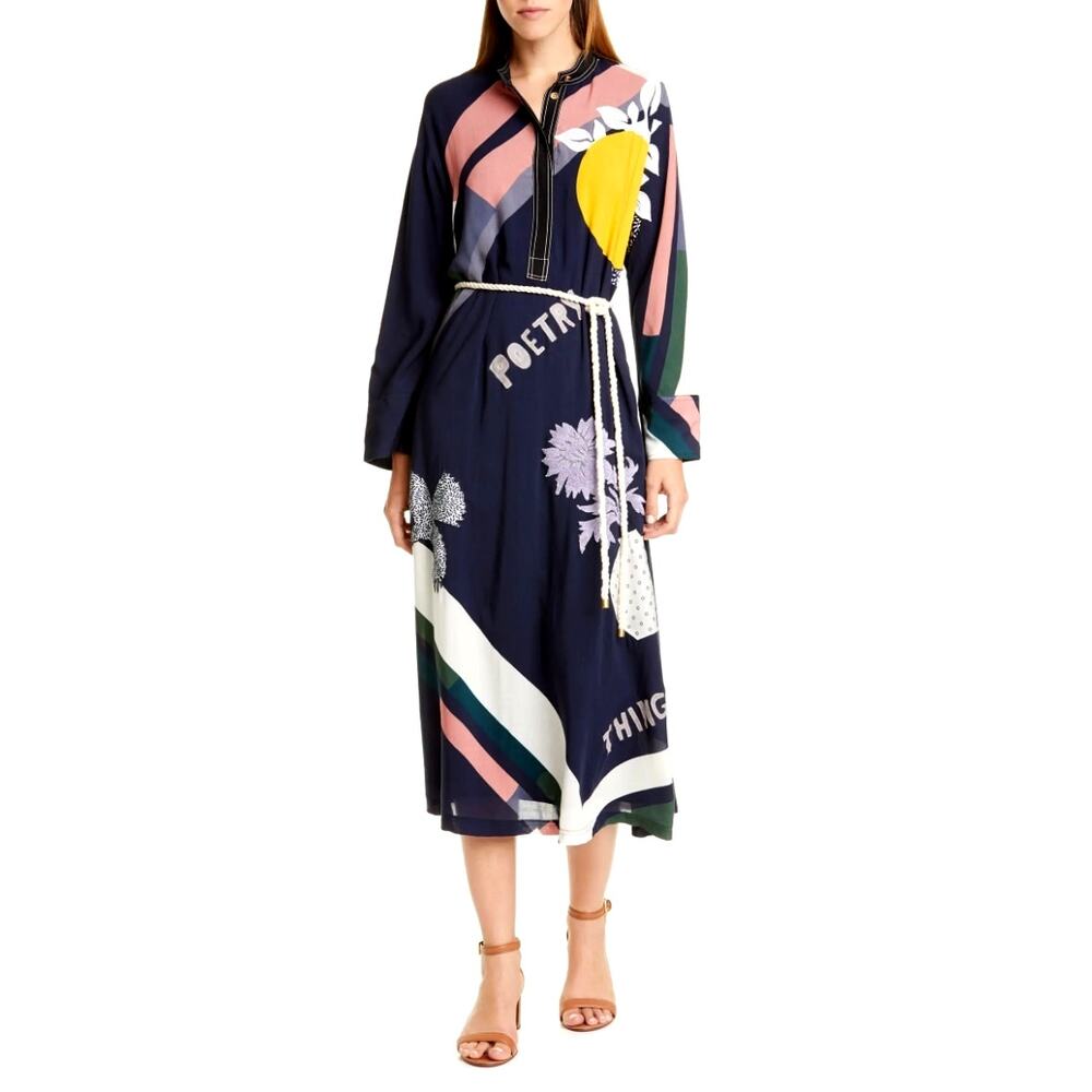 Tory Burch 6 Scarf Print Embroidered Shirt Dress $598 Rope Belt Long Sleeve Midi